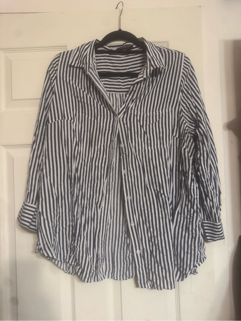 Navy and White Striped Button-Up Shirt